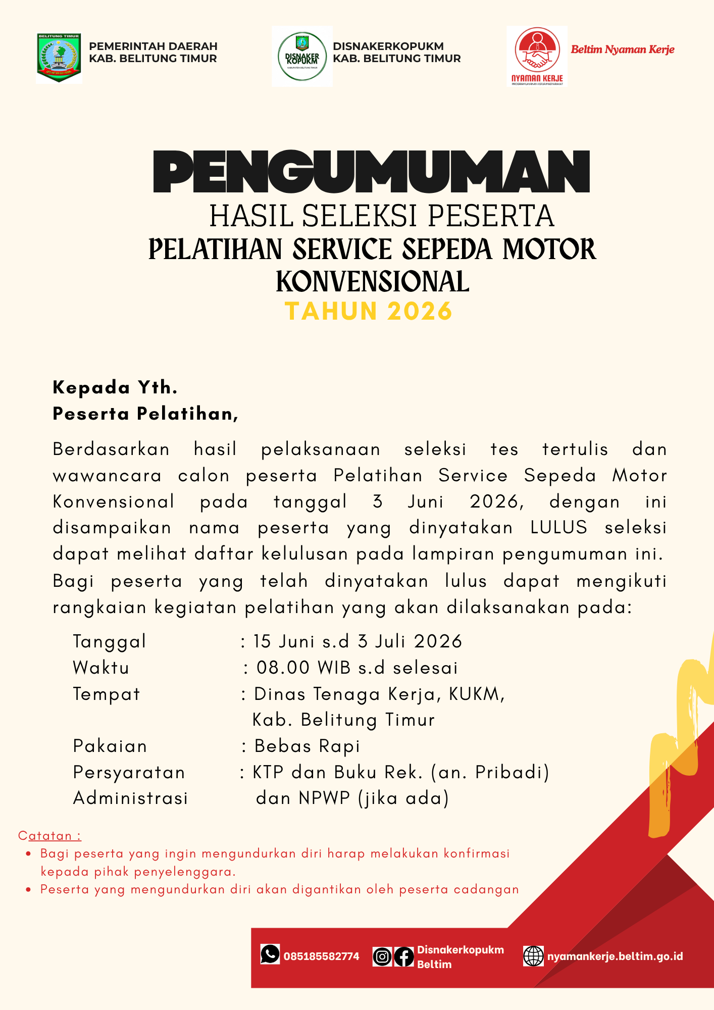 Pengumuman Hasil Kelulusan Seleksi Calon Peserta Pelatihan Service Sepeda Motor Konvensional