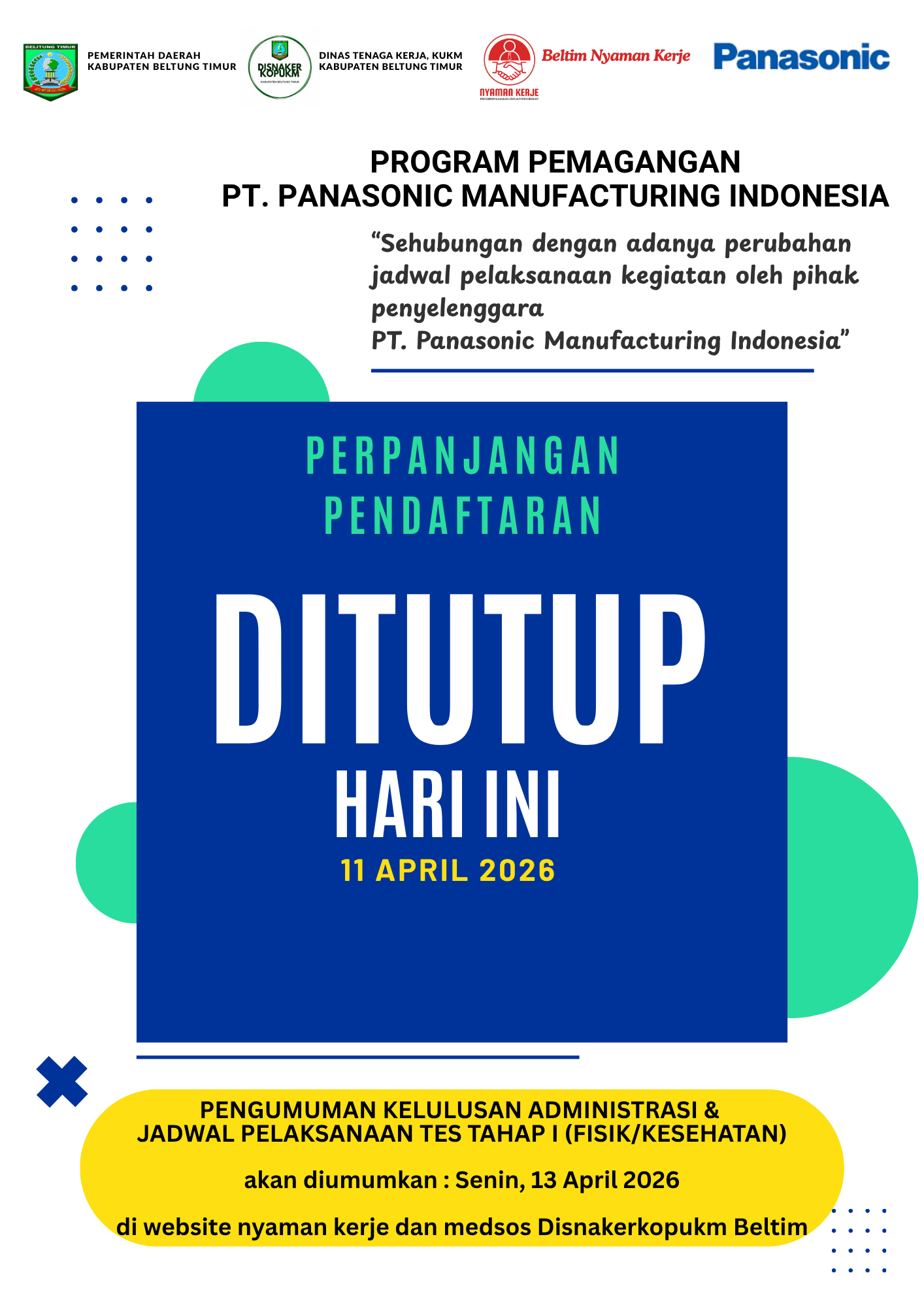 Penutupan Pendaftaran Seleksi Program Pemagangan PT. Panasonic Manufacturing Indonesia