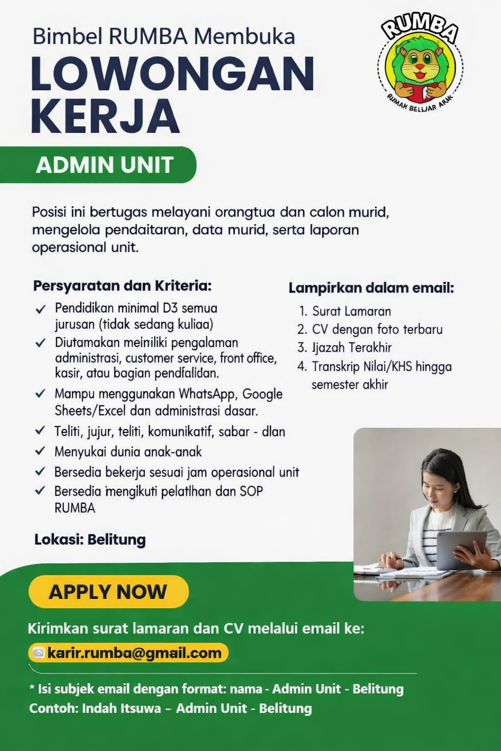 LOWONGAN KERJA – BIMBEL RUMBA BELITUNG