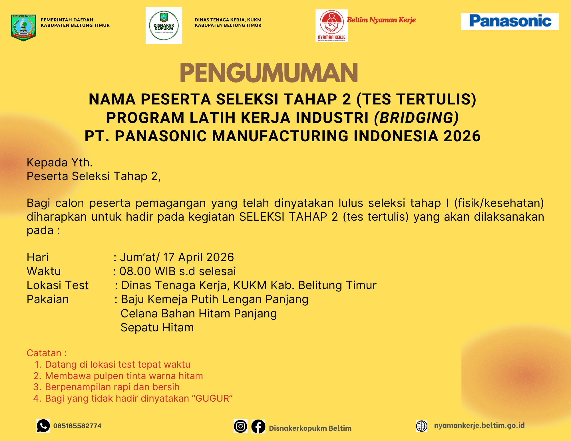 Pengumuman Kelulusan Tes Tahap 1 (Tes Fisik/Kesehatan) dan Jadwal Tes Tahap 2 (Tertulis) Program Latih Kerja Industri PT.Panasonic Manufacturing Indonesia