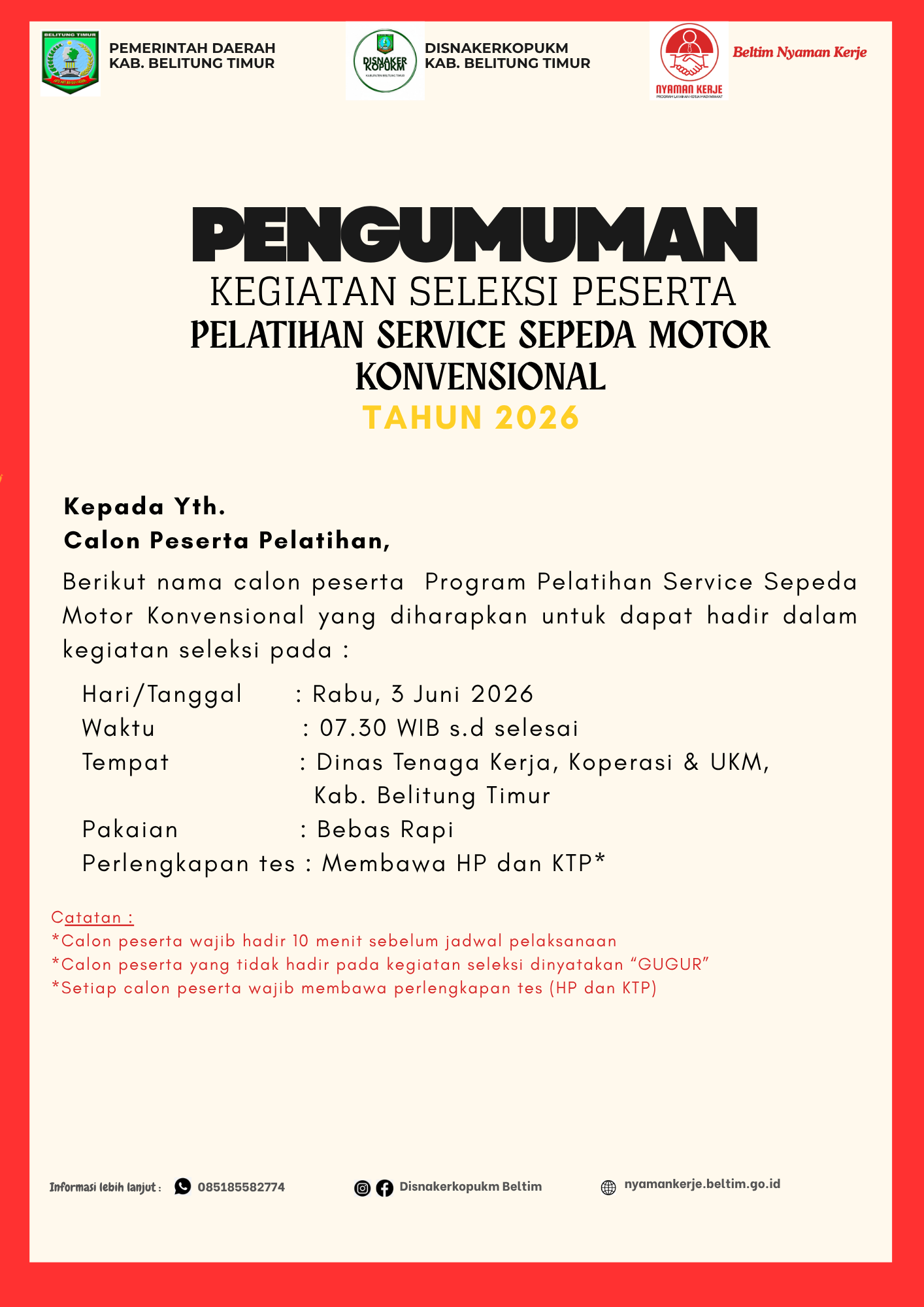 Pengumuman seleksi pelatihan service sepeda motor konvensional