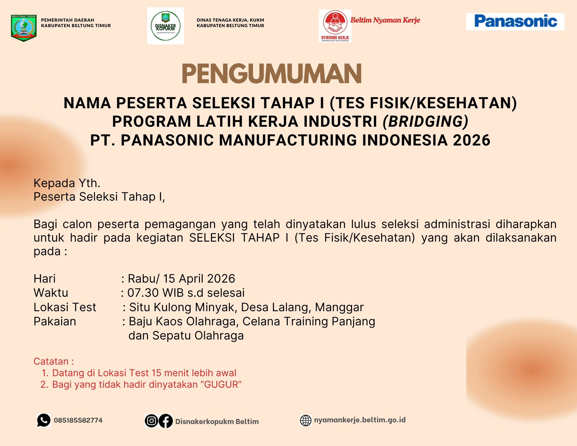 Pengumuman Kelulusan Administrasi dan Jadwal Tes Tahap I (Fisik/Kesehatan) Program Latih Kerja Industri PT.Panasonic Manufacturing Indonesia