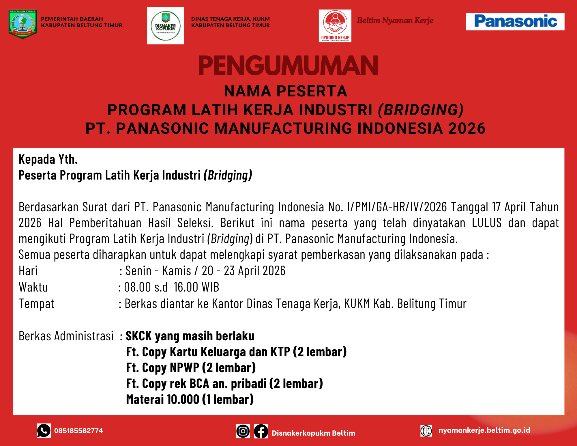 Pengumuman Hasil Kelulusan Peserta PLK Bridging PT. Panasonic Manufacturing Indonesia