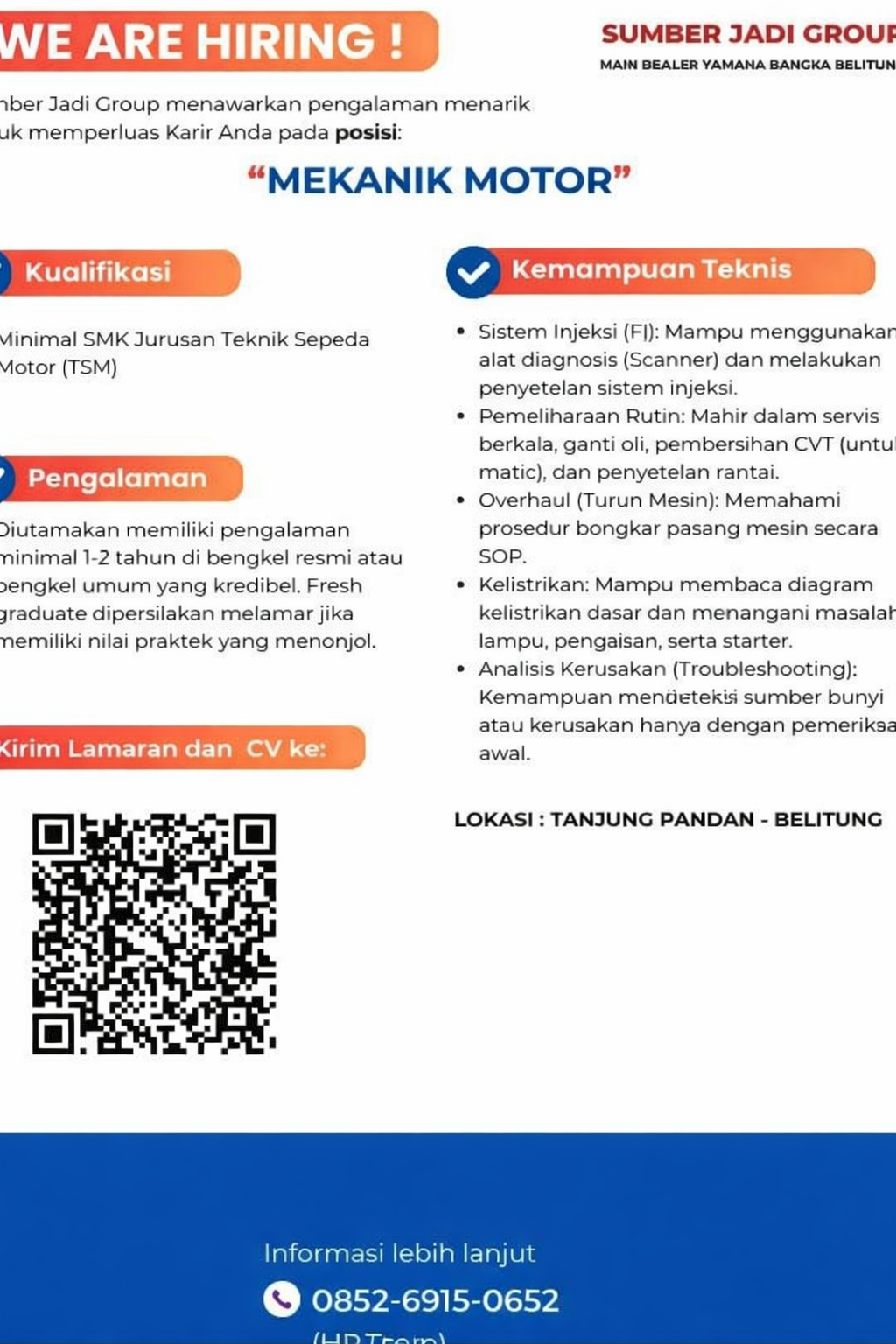 Mekanik motor Sumber Jadi Group- Tanjungpandan