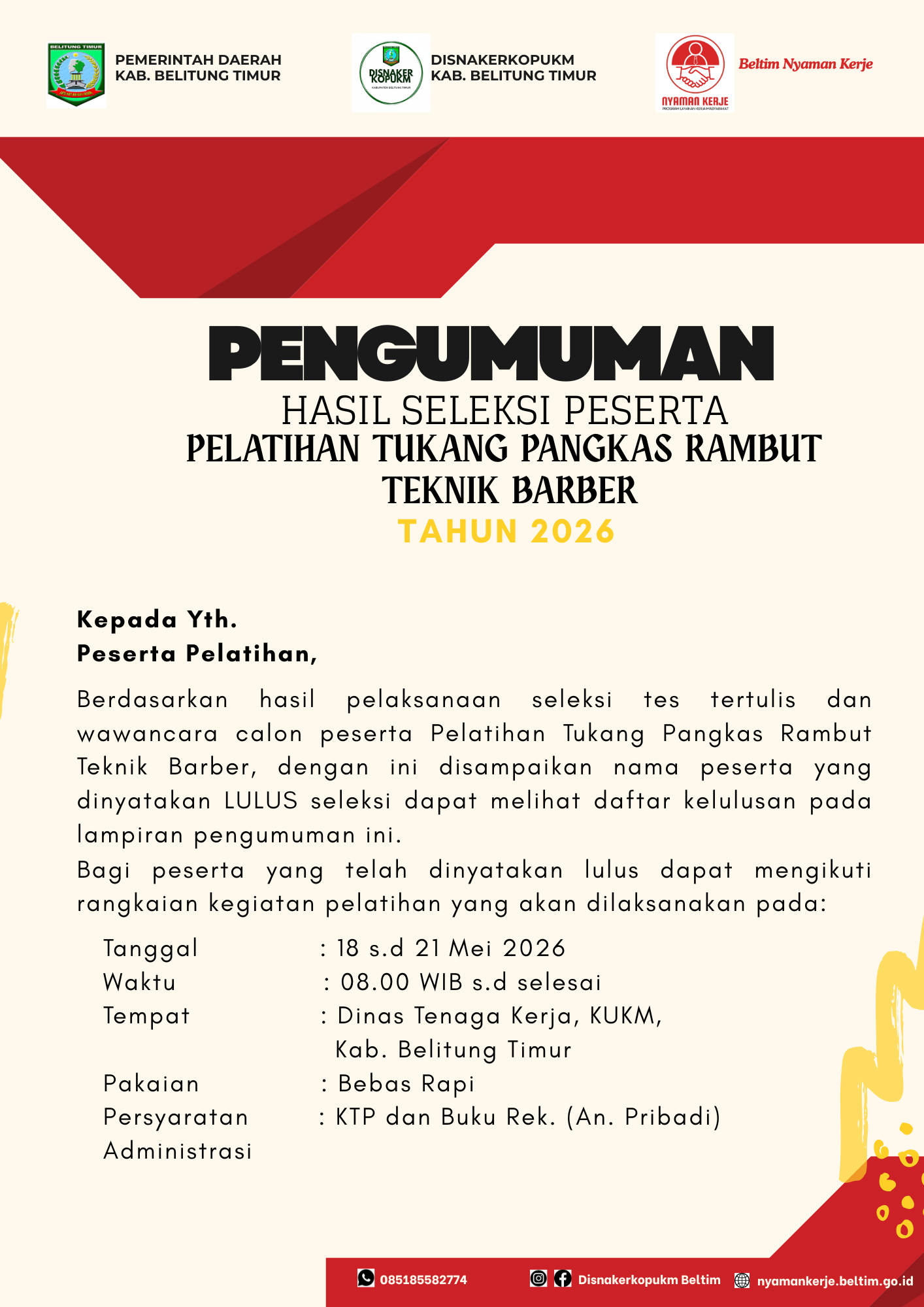 Pengumuman Hasil Kelulusan Peserta Pelatihan Barber Tahun 2026