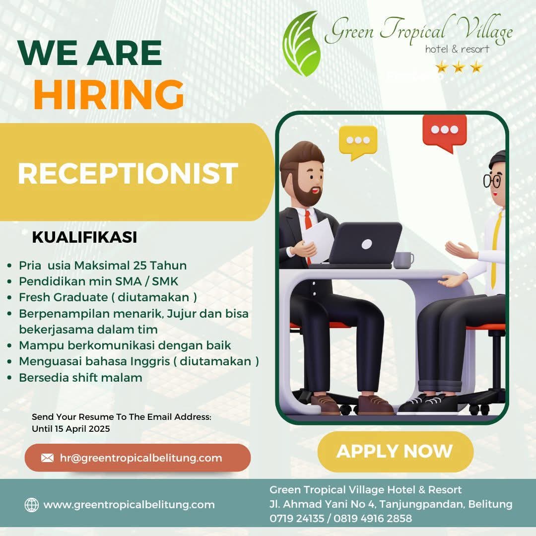 lowongan Receptionist di Green Tropical Village Hotel & Resort -Tanjungpandan