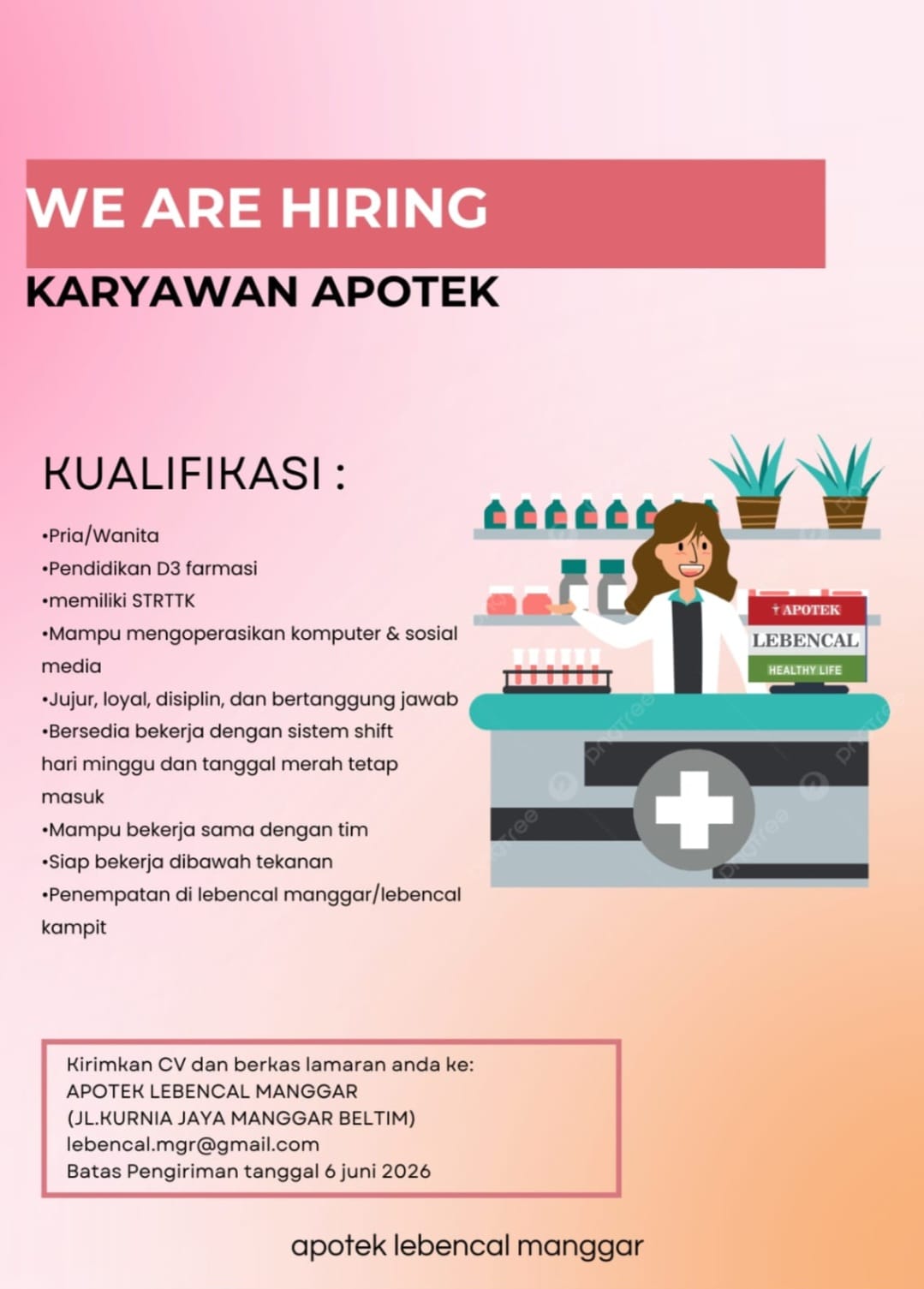 Flyer Karyawan Apotek -Apotek Lebencal Manggar
